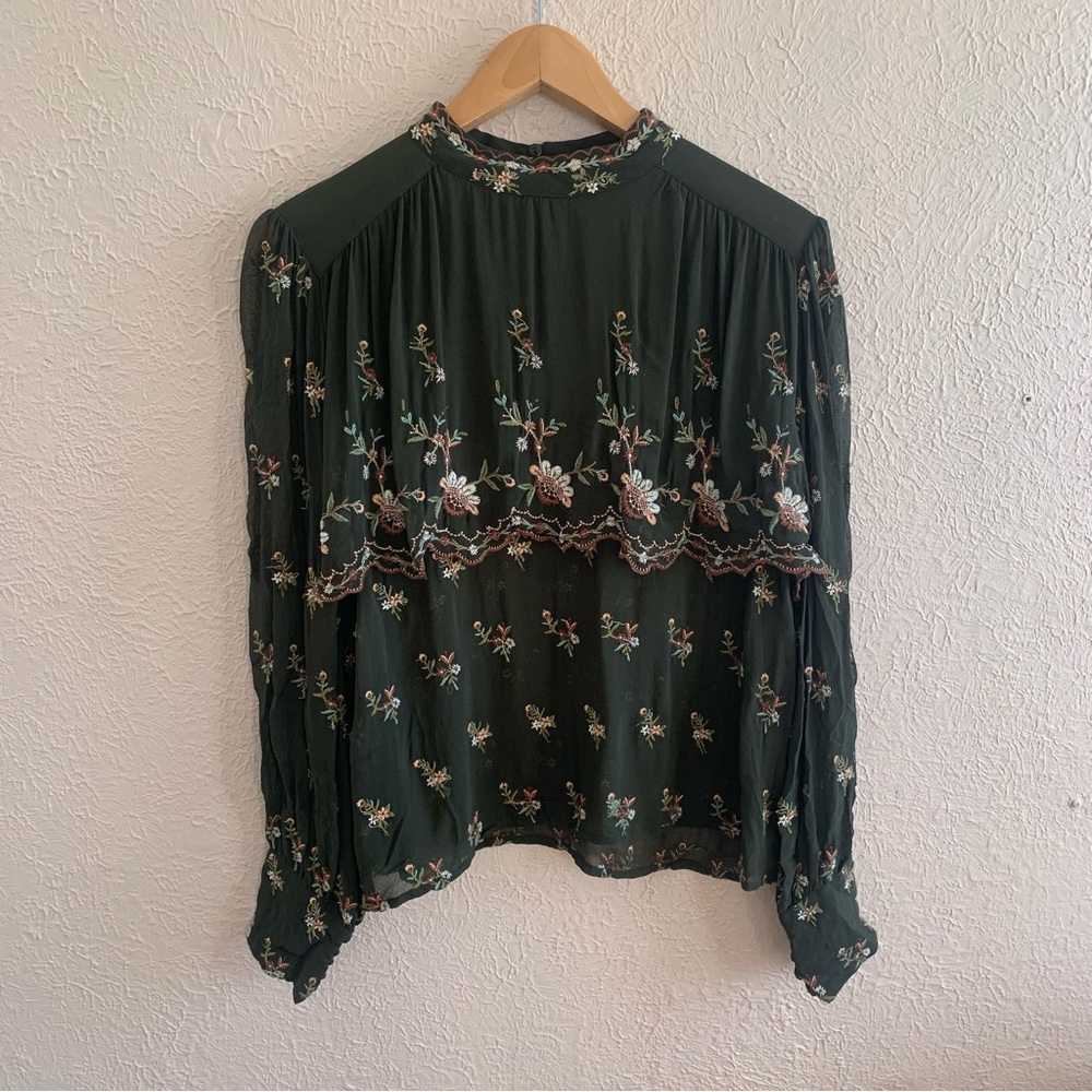 Zara Premium Denim Collection Green Embroidered Sheer Top Blouse